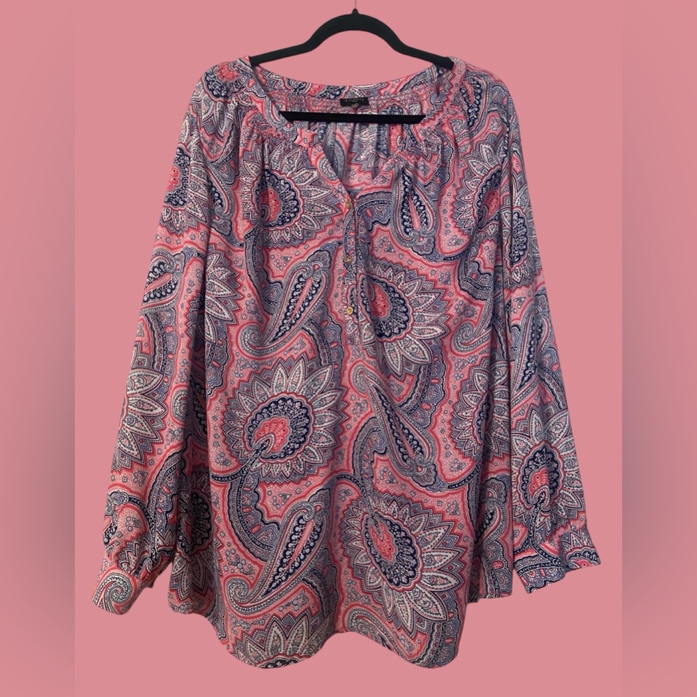 Talbots Paisley Peasant Top 3XL Pink Navy Balloon Sleeves Gold Button.